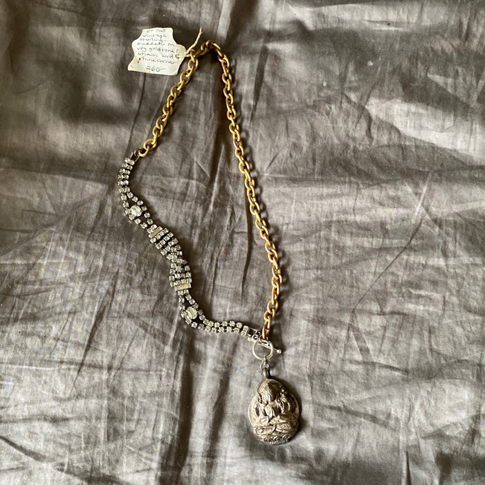 Vintage sterling Buddha on gold tone chain with rhinestones
